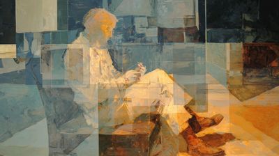 Cover image: a translucent figure seated in contemplation, looking down at something held in their hands — abstract overlapping planes of cool blue and warm ochre wash across the painted canvas, the figure neither solid nor erased