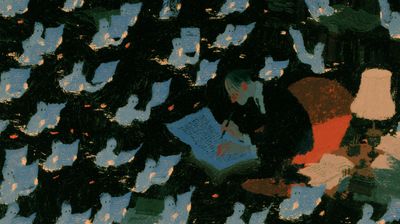 Cover image: a researcher in glasses writes by lamplight in a red armchair, bent over a single blue page, while dozens of small pale paper figures swarm the dark room around them — fifty agents, one pair of eyes