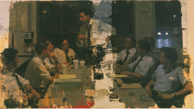 Painterly Saturday meeting before dawn in Arkansas, with a workman seated at far right