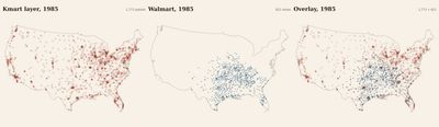 Three-panel map of the contiguous United States showing 1,773 accepted Census-geocoded Kmart points from 2,052 source records coded active at year-end 1985, 821 Walmart stores opened by 1985, and an overlay. The Kmart layer concentrates around metropolitan regions and the coasts; Walmart spreads outward from Arkansas; the overlay shows substantial geographic proximity.