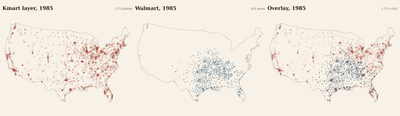 Three-panel map of the contiguous United States showing 1,773 accepted Census-geocoded Kmart points from 2,052 source records coded active at year-end 1985, 821 Walmart stores opened by 1985, and an overlay. The Kmart layer concentrates around metropolitan regions and the coasts; Walmart spreads outward from Arkansas; the overlay shows substantial geographic proximity.