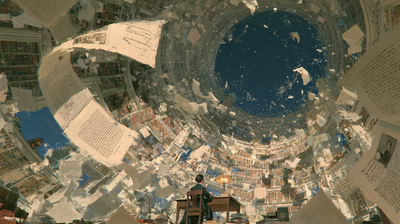 Cover image: a researcher seated inside a colossal cylindrical archive while books and pages spiral around a dark central opening