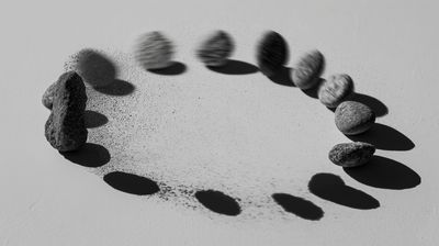 Black and white top-down view of river stones forming an incomplete circle on white paper, some motion-blurred as if rolling into place while others remain sharp and still, with scattered dark particles and directional shadows.