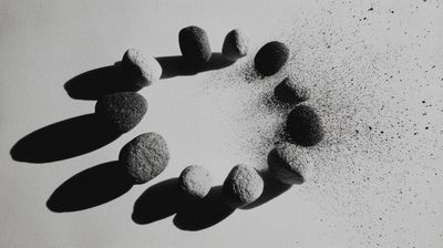 Top-down black and white view of textured river stones forming a nearly complete circle, the right edge disintegrating into scattered particles and dust, strong directional shadows from the left.