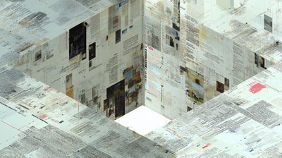 Isometric view of a cube-like structure made from overlapping translucent pages covered in dense text and margin notes, with a bright white rectangular void at the bottom center where the pages converge.