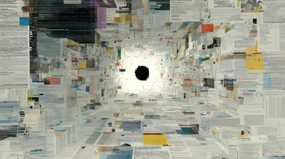 A corridor perspective formed by countless floating documents and text fragments in muted yellows, blues, and creams, receding toward a dark circular void at the center.