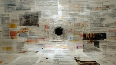 Swirling vortex of translucent pages with colored highlights spiraling inward toward a small black hole at center, concentric rings of text creating a motion-blur effect.