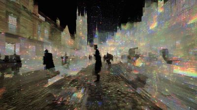 Victorian cobblestone street at night with dark silhouetted figures beneath gothic spires, the entire scene dissolving into shimmering bioluminescent data streams and rainbow-colored light particles.