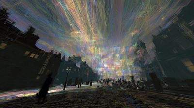 Street-level view of a Victorian scene with dark buildings silhouetted against an exploding sky of multicolored data streams radiating outward like aurora or fiber optic cables, small figures below.