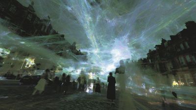 Wide Victorian city square with silhouetted figures completely enveloped in pale green-white neural network filaments forming a luminous dome, with a bright central nexus against dark buildings.