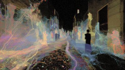 Narrow Victorian street at night with dark figures surrounded by vibrant pink, blue, and orange bioluminescent streams flowing like rivers of light along the cobblestones and wrapping around bodies.