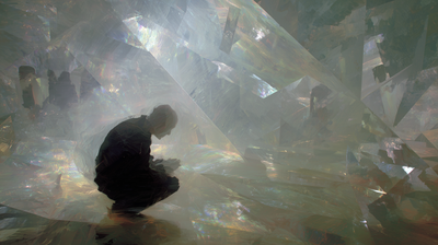 A dark human figure crouches low amid towering translucent crystalline shards and iridescent surfaces, head bowed, rainbow light refracting across every plane, the space around them simultaneously cathedral and cage.