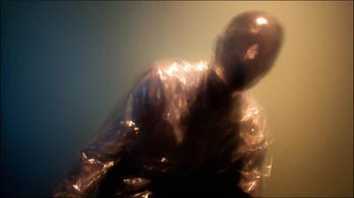 Upper body of a translucent figure leaning forward against a gradient of warm amber and cool teal light, the surface resembling wet cellophane or glass membrane, head tilted down, features indistinct.