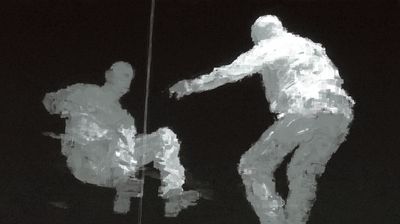 Two large white-grey painterly figures face each other across a thin vertical line dividing the frame, one seated and pulling back, the other standing and reaching forward, both rendered in rough impasto brushstrokes against pure black.