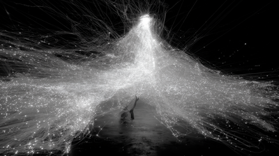 A tiny human figure stands beneath a colossal cascade of luminous white filaments and particles pouring down from above like a waterfall of light, threads radiating outward into darkness, the figure dwarfed by the structure.