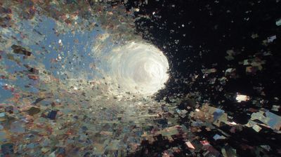 A spiraling tunnel of countless iridescent data fragments and crystalline shards receding into a luminous white vortex center, blue sky visible through the swirl, deep black void surrounding the outer edges.