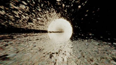 A massive incandescent sphere radiates sepia-gold light against total darkness, its surface erupting with thousands of angular data fragments streaming outward in motion blur, a dark horizontal slit bisecting the orb.