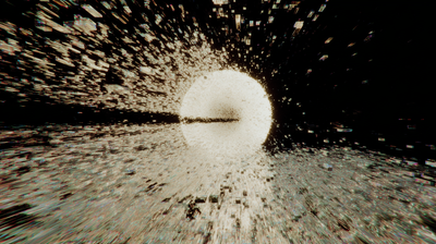 A massive incandescent sphere radiates sepia-gold light against total darkness, its surface erupting with thousands of angular data fragments streaming outward in motion blur, a dark horizontal slit bisecting the orb.