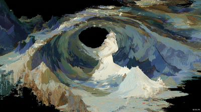 A vast painterly basin swirls in impasto blues, whites, and earth tones, with a perfectly dark oval void at its center. Mountain ranges rise at the edges, and glitched vertical striations bleed down the left side against black space.