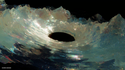 A colossal crystalline wave frozen mid-curl, translucent with pastel iridescence and sharp shard-like peaks. A dark elliptical void sits within the curl, the whole structure floating against deep black with small glitched text in the lower corner.