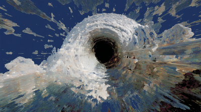 A tunnel of white and cream painterly clouds rushes outward from a dark circular aperture at center-right, set against a deep blue void. The motion radiates in all directions as if the viewer is inside the acceleration.