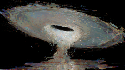 A glitched disc-galaxy tilts in deep black space, its horizontal band dense with scattered binary and numeric fragments. A dark void at its center emits a rising column of particles, the whole form fractured with digital artifacts.