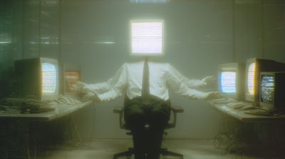 Headless figure in shirt and tie in an office chair, a glowing text-filled screen where its head should be, four arms reaching to CRT monitors.