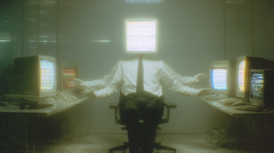 Headless figure in shirt and tie in an office chair, a glowing text-filled screen where its head should be, four arms reaching to CRT monitors.