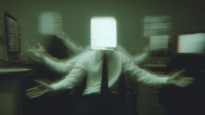 The same headless office figure smeared into long-exposure blur, ghosted arms and screens trailing across a green-grey room.