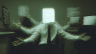 The same headless office figure smeared into long-exposure blur, ghosted arms and screens trailing across a green-grey room.