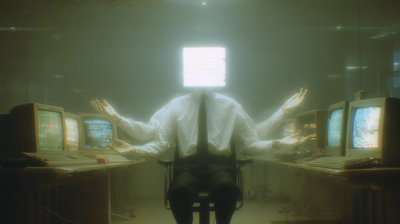 Headless figure in a white shirt, a glowing screen for a head, four arms raised open-palmed above desks of beige CRT monitors.