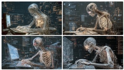 Four-panel grid of a translucent glass skeleton hunched at a keyboard, amber circuitry inside its bones, dark walls of code behind.