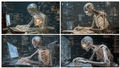 Four-panel grid of a translucent glass skeleton hunched at a keyboard, amber circuitry inside its bones, dark walls of code behind.