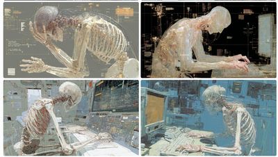 Four-panel grid of a translucent anatomical figure typing, drawn as medical illustration over blueprint-grey and blue control-room panels.