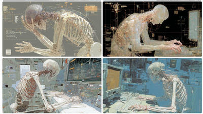 Four-panel grid of a translucent anatomical figure typing, drawn as medical illustration over blueprint-grey and blue control-room panels.