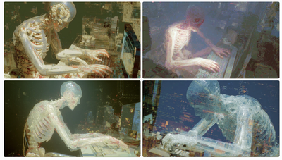 Four-panel grid of a glassy skeletal figure typing at a desk, painted in murky greens and blues over a blurred server-room background.