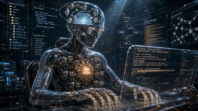 Chrome humanoid at a laptop surrounded by floating labeled panels reading Tools Schema and Context Window, with a glowing orange Take Action heart.