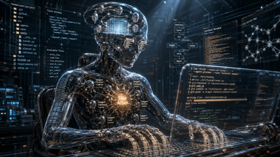 Chrome humanoid at a laptop surrounded by floating labeled panels reading Tools Schema and Context Window, with a glowing orange Take Action heart.