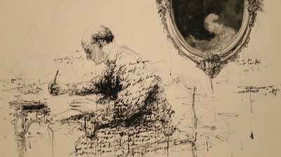 A seated figure bent over a desk, writing with a pen; the torso and arm are composed entirely of small looping handwriting, the head sketched in sparse, unfinished strokes. Ink drips down the page. In the upper right, an ornate oval mirror filled with dark ink holds a faint pale figure. Aged paper, vast negative space.