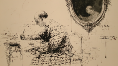 A seated figure bent over a desk, writing with a pen; the torso and arm are composed entirely of small looping handwriting, the head sketched in sparse, unfinished strokes. Ink drips down the page. In the upper right, an ornate oval mirror filled with dark ink holds a faint pale figure. Aged paper, vast negative space.