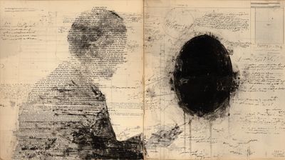 A split composition on aged paper. On the left, the back and shoulders of a seated figure rendered as dense lines of typed and handwritten text. On the right, a solid black ink oval, dripping, ringed by scattered script.