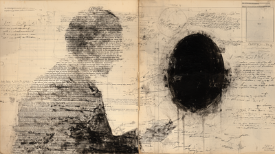 A split composition on aged paper. On the left, the back and shoulders of a seated figure rendered as dense lines of typed and handwritten text. On the right, a solid black ink oval, dripping, ringed by scattered script.