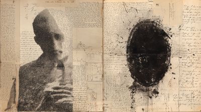 A split composition on aged paper covered in handwriting. On the left, a translucent, spectral human head and shoulders dissolving into the text. On the right, a black ink oval of splatter and stain, like a clouded mirror.