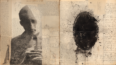 A split composition on aged paper covered in handwriting. On the left, a translucent, spectral human head and shoulders dissolving into the text. On the right, a black ink oval of splatter and stain, like a clouded mirror.