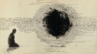 A wide aged sheet densely covered in small handwriting. At lower left, a small dark seated figure in graphite silhouette. At center, a large solid black ink circle — a void — ringed by writing.
