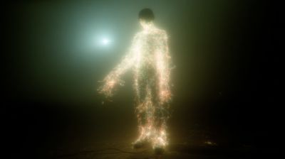 A full-length luminous figure stands alone in a green-black haze, its body a constellation of warm gold and green particles dissolving into fog at the edges; a single pale-blue point of light hovers in the upper left.