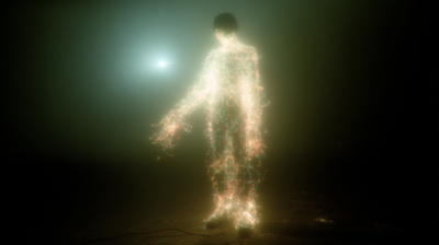 A full-length luminous figure stands alone in a green-black haze, its body a constellation of warm gold and green particles dissolving into fog at the edges; a single pale-blue point of light hovers in the upper left.