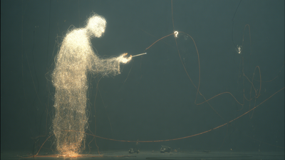 A figure woven from glowing gold filaments stands in profile and extends a thin luminous stylus toward a floating question mark at right, the two joined by a single amber arc. A teal-grey studio, sparks pooling at its feet.