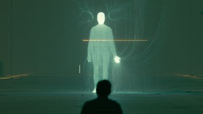 A tall faceless figure in a robe of fine threads stands still, a single horizontal amber line glowing across its chest, faint filaments curving down behind its head. In the foreground, the dark silhouette of a seated person watches.