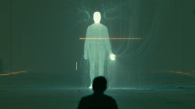 A tall faceless figure in a robe of fine threads stands still, a single horizontal amber line glowing across its chest, faint filaments curving down behind its head. In the foreground, the dark silhouette of a seated person watches.